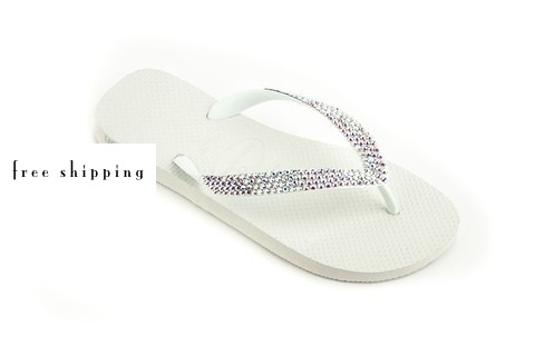 White & AB Crsytal Wedding Flip Flops