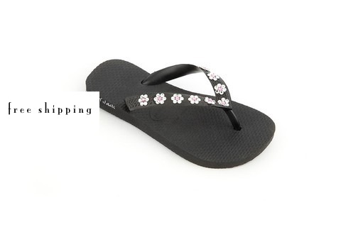 Black & Flowers Crystal Flip Flops