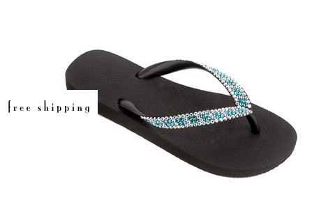 Black & Checker (AB + Lt Turquoise) Crystal Flip Flops