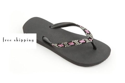 Black & Leopard Hot Pink Crystal Flip Flops