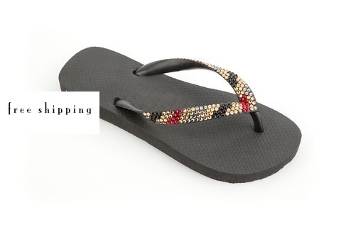 Black & Plaid Crystal Flip Flops