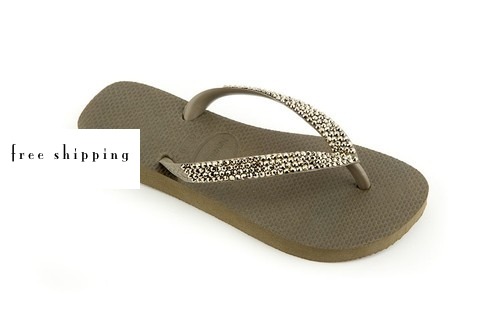 Khaki & Lt Metallic Gold Rhinestone Flip Flops